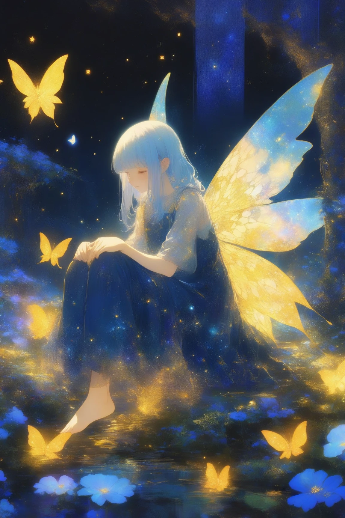 Whimsical illustrations depicting glowing fairies drawn on a dark blue background,I'm wearing a galaxy dress, Delicate golden accents in flowing blue hair, A pair of mysterious wings that shine in a golden color similar to leaves and vines,The wings are very big,Overall, the atmosphere is ethereal and dreamy,The fairy girl is crouching down while holding her knees,妖精は小さな発光浮遊生物やお化け👻などの神秘的な要素に囲まれている,flower, And the stars, golden glow ,The dark background is the entire scene It creates a contrast that accentuates the vivid colors scattered around and the brilliance,evokes a sense of magic and wonder,Dreamy psychedelic anime, Anime Art Nouveau, space display , animated film, Mysterious still images,bare feet