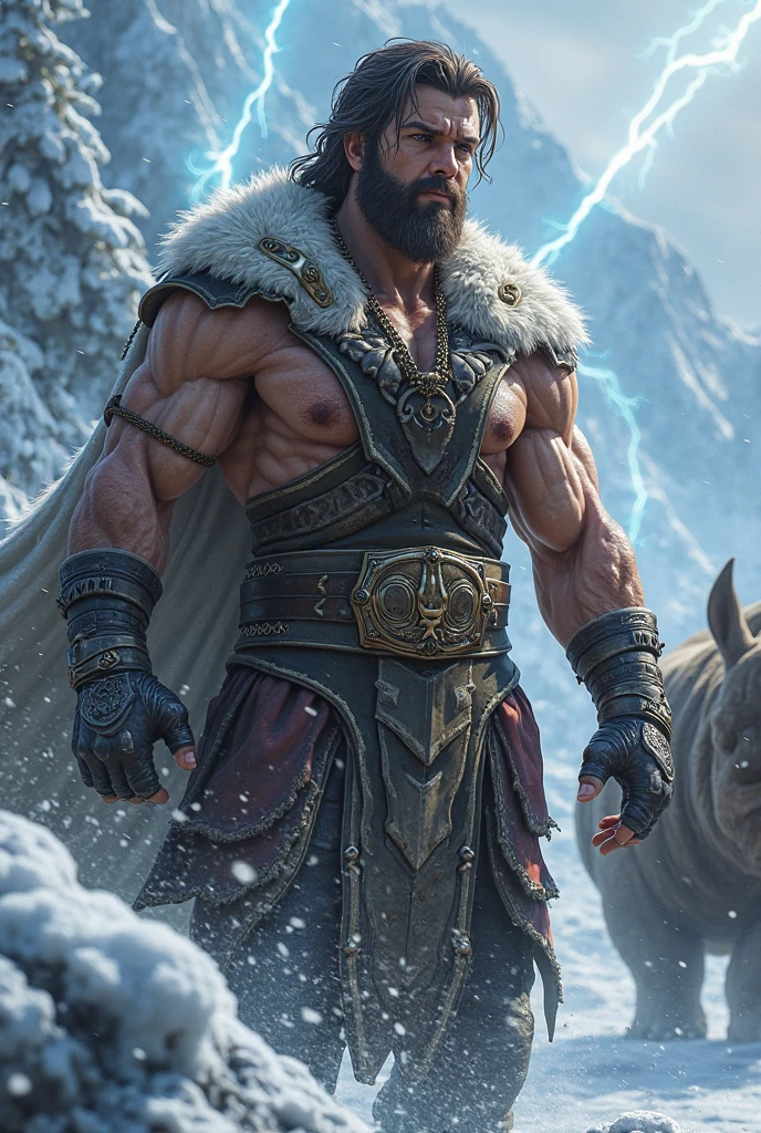 Ultra detalhado. Ultra Realista 8k. corpo inteiro. um viking imponente, ruivo e musculoso, with a bear skin that covers his head and extends to his back, displaying your strength and courage. Ele veste apenas uma tanguinha estilo Tarzan, representing your connection to nature and the harshness of your lifestyle.

The Viking is in an icy environment, cercado por uma paisagem branca e nevada. Ao seu redor, There's a crackling campfire, providing warmth and illumination in the cold setting. The Viking is roasting the flesh of a wild boar he had just killed, demonstrating your skill as a hunter and your ability to survive in this hostile environment.

The frigid air is noticeable in the image, with the Viking's breath visible in the air. The expression on his face is determined and fierce, Conveying your courage and inner strength. The atmosphere is intense, with cool tones and a sense of challenge and adventure in the air. It's a scene that represents the ruggedness and bravery of the Viking in an inhospitable environment.