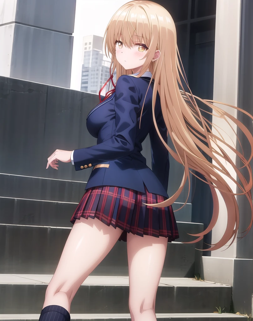 (1) Peeking at the panties from under the back of a girl climbing the stairs.
(2) her skirt is too short、Her pink lace panties are almost visible..
(3) She is wearing a uniform of a blazer, miniskirt, and loose socks..
(4) she has long blonde hair.
(5) Her expression is turned back and smiling.
(6) I&#39;m a gal, so I wear makeup like a gal..
(7) The location is the stairs of the station.