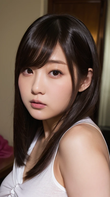 (masterpiece:1.3), Highest quality、Ultra-high resolution, Very detailed, Very detailed CG Unity 8k 壁紙, Realistic, photo-Realistic, RAW Photos, Beautifully detailed face, Pale skin, Realistic glistening skin, Detailed cloth texture, Detailed hair texture, Perfect body, Beautiful Face, Accurate, Anatomically correct, Highly detailed face そして skin texture, Natural neck length, (Fair skin:1.2), Good teeth alignment, 
Symmetrical eyes, dolly make、double eyelid, Thin eyebrows, (Glossy Lips:1.4), (Sad face:1.2),
(classy and cute girl:1.3), 
(Large Breasts:1.4), Cleavage, Beautiful clavicle, 
(Wavy long hair:1.2), ((Asymmetrical bangs:1.2)), A tight dress that clings to the breasticro Mini、Voluptuous thighs、A photo showing you from head to knees、Focus on the thighs