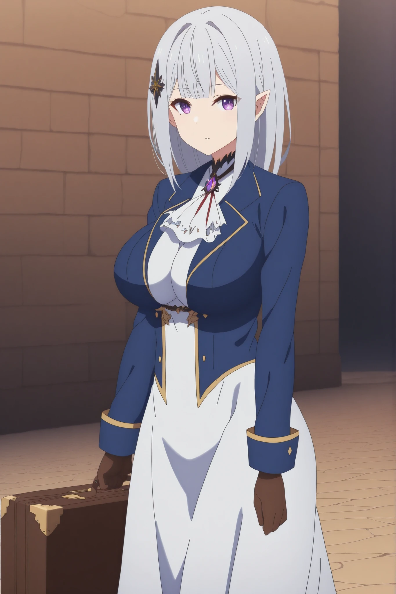 score_7_up, anime screencap, Satella, 1girl, Anime, 1girl, pointy ears, hair ornament, silver hair, purple eyes, red ribbon, Big breasts, jewelry, white ascot, brooch, blue jacket, long sleeve, brown gloves, white dress, long dress, Are standing, cowboy shot, outdoor, holding suitcase, 1 suitcase 