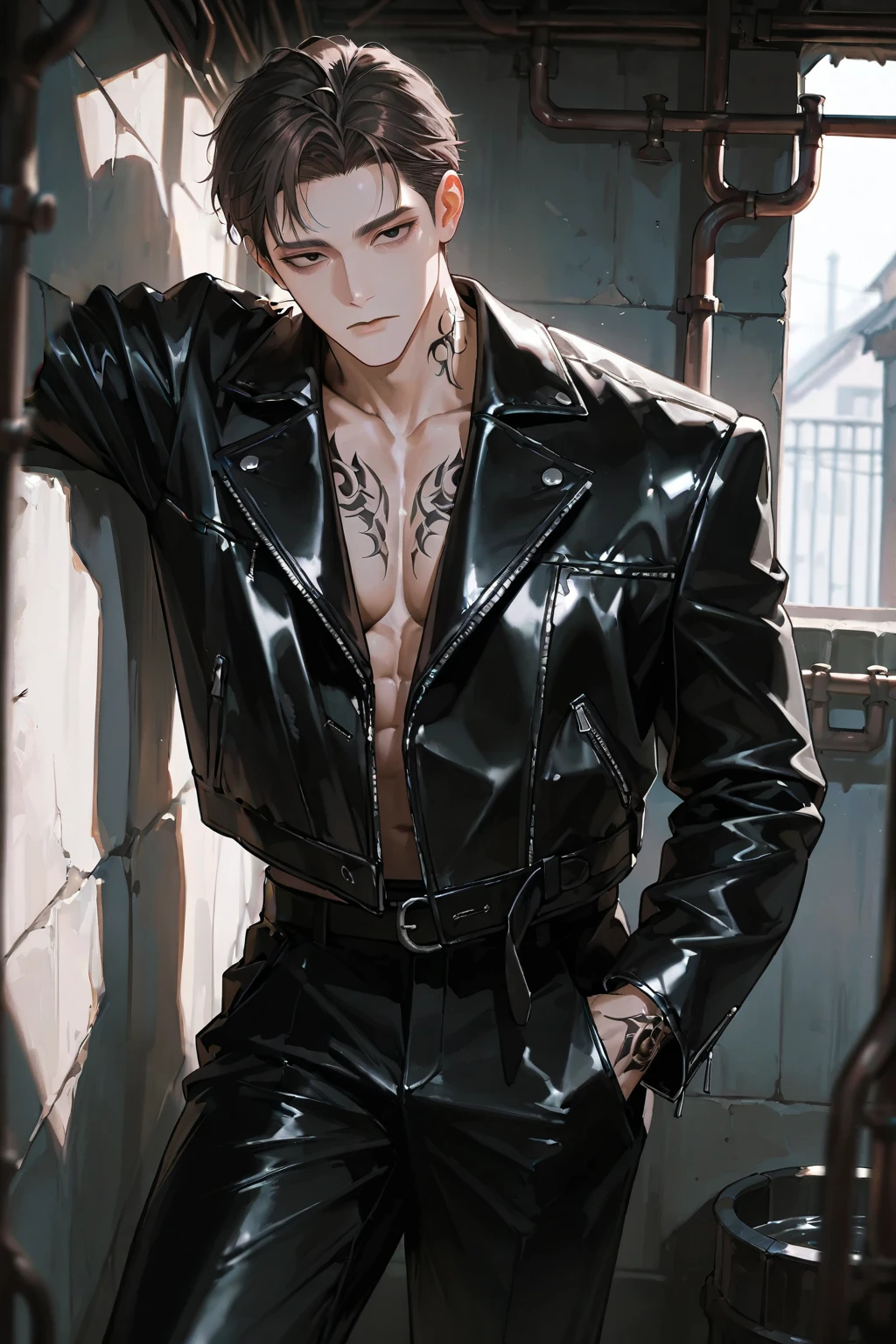 masutepiece, Best quality, 1 thai peaplo man, handsome, short hair, silver hair, fang flirtatious smile, choker, blue eyes, black leather shirt, blushing, western building, caricature, looking at viewer,