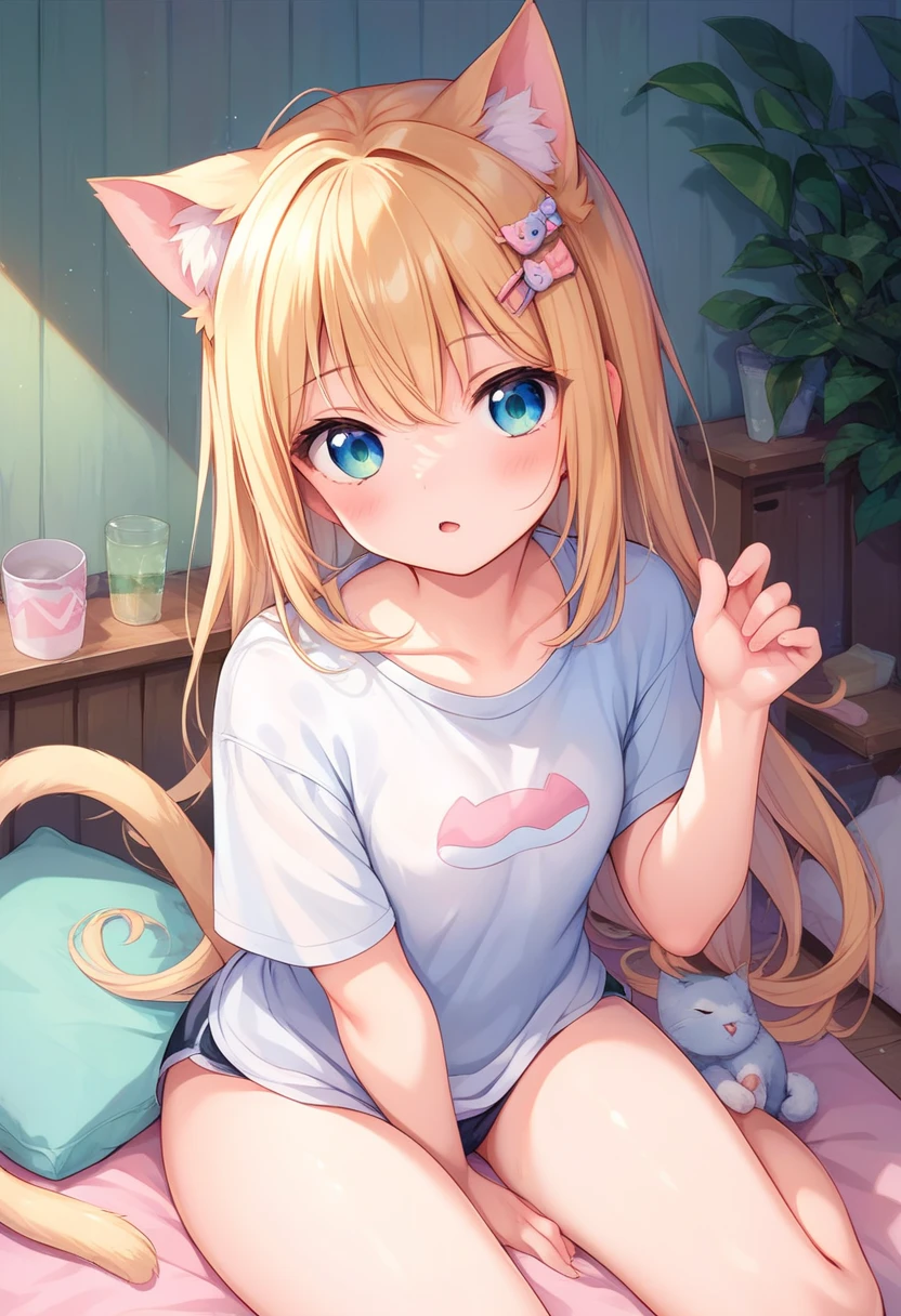 (Masterpiece) (High Detail) (High Res) A short petite humanoid girl with pale skin and long blonde hair and blue eyes and fluffy mouse ears and a long thin mouse tail and average breasts is stood alone in a bedroom wearing just a white t-shirt. She looks shy and is blushing.