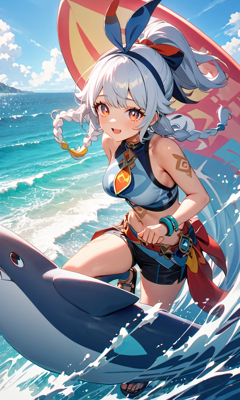 (top-quality、in 8K、32K、masterpiece、UHD:1.2)、Detailed beautiful face and eyes、blurry backround、a beauty girl、shinny skin, blue open sky、Shining sea、Sunset、(1The fox tail of the book grows:1.3)、Wet beautiful silver hair、poneyTail、Deep green eyes、Fox ears、wet white bikini、 (beautiful nipple slips:0.9)、Jet Ski、