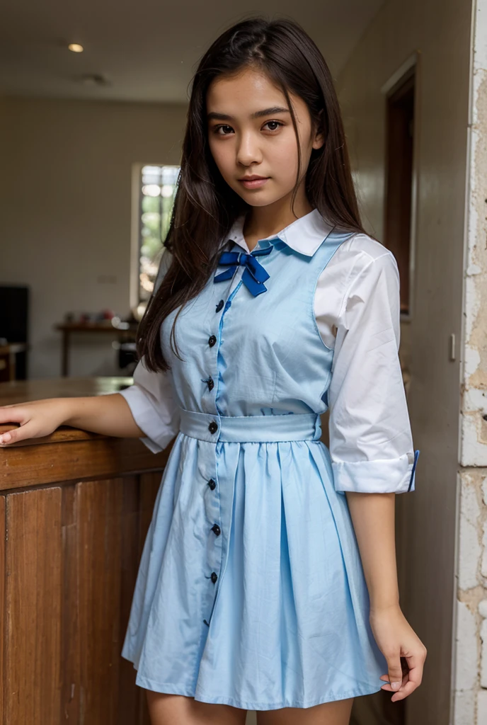 A girl dressed as a maid doing her homework