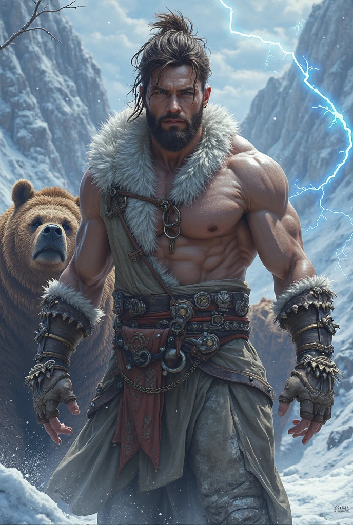 Aries anthropomorphic,Sheep's head man,Stunning graphics,Tarot card style,CG diagram,He wears medieval style armor,Carrying a long sword around his waist,Strong arm muscles,The painting style is fine,Set against the backdrop of the Alps,soft moonlit glow,Behind the head shines a holy brilliance,Realistic Style,