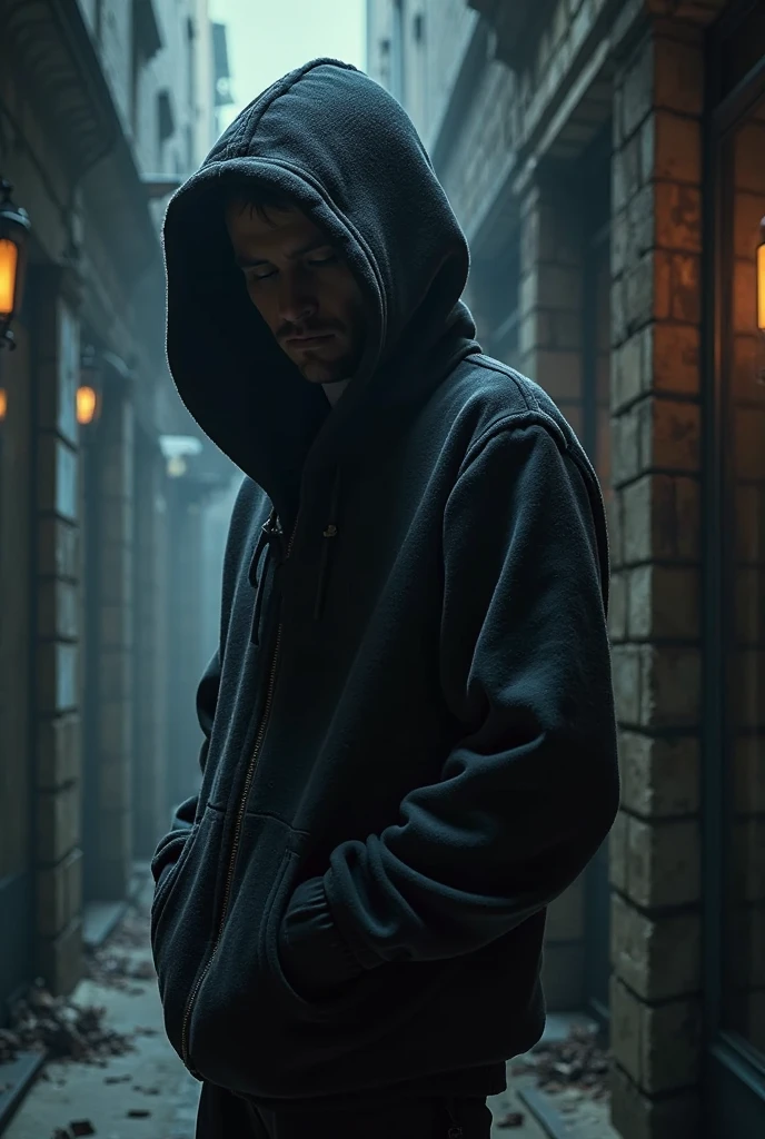 (good quality), (many details), (masterpiece),man crouched in a hooded sweater, ugly, tufts of hair, clawed hands, vampires, fangs, dark eyes, jeans, crouching in a hall, at night, crippled, style of Charlie Bowater