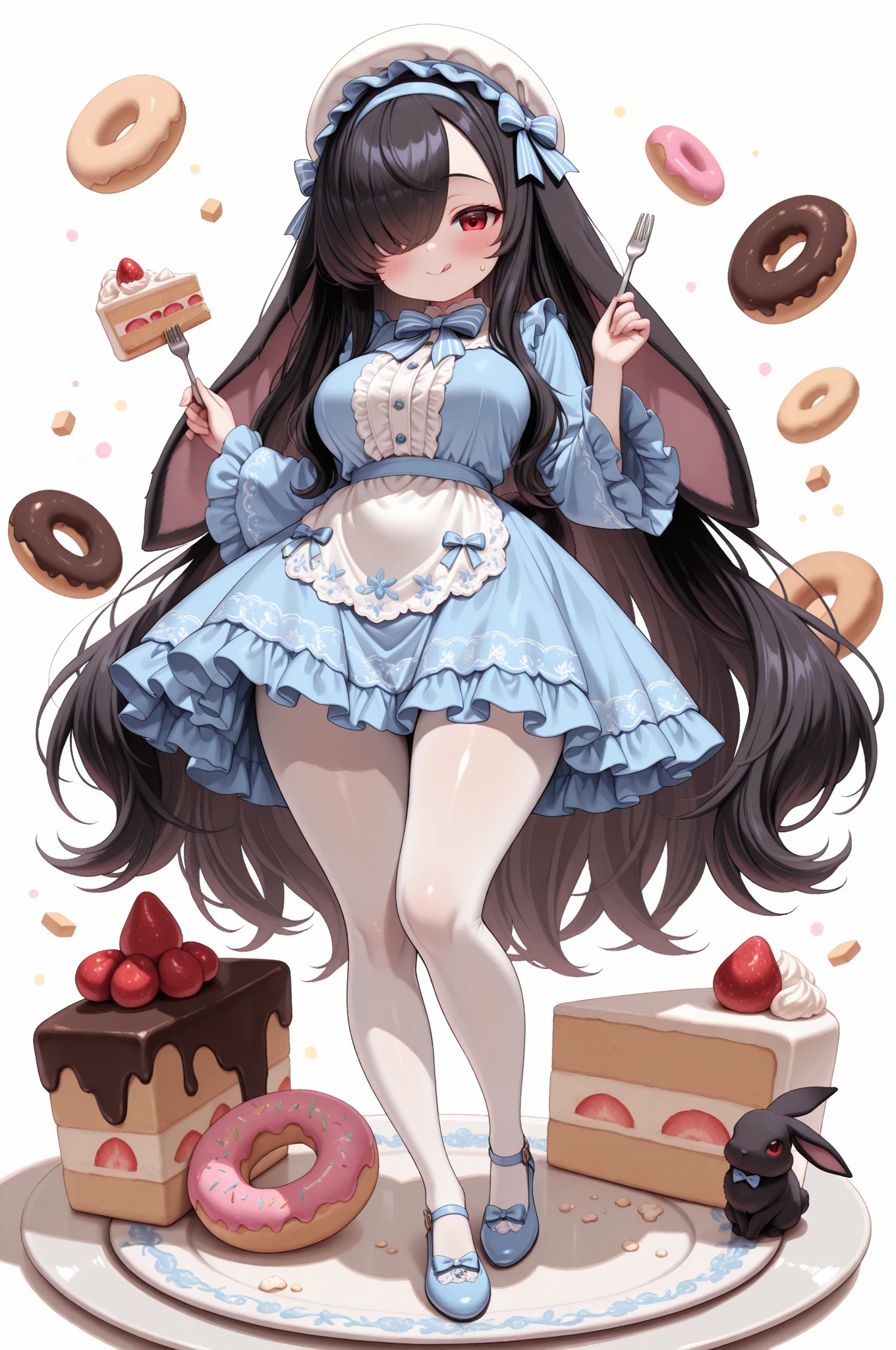 masterpiece, best quality, amazing quality, very aesthetic, full body, 1girl, Kuroki Monika, lop-eared rabbit girl, black rabbit ears, long drooping rabbit ears, black rabbit tail, red eyes, hair over right eye, black hair, very long hair, wavy hair, large breasts, (petite but curvy, very cute), ta fashion, sweet ta, white hat, ta hairband, striped bow, blue bow, blue ribbon, ribbon, frills, blue bowtie, long sleeves, wide sleeves, frilled sleeves, frilled dress, blue dress, white pantyhose, blue shoes, solo, blush, closed mouth, :q, tongue, tongue out, looking at viewer, fork, hand up, holding fork, plate, 1other, black fox with red eyes, food, cake, cake slice, crumbs, donut, depth of field, white background