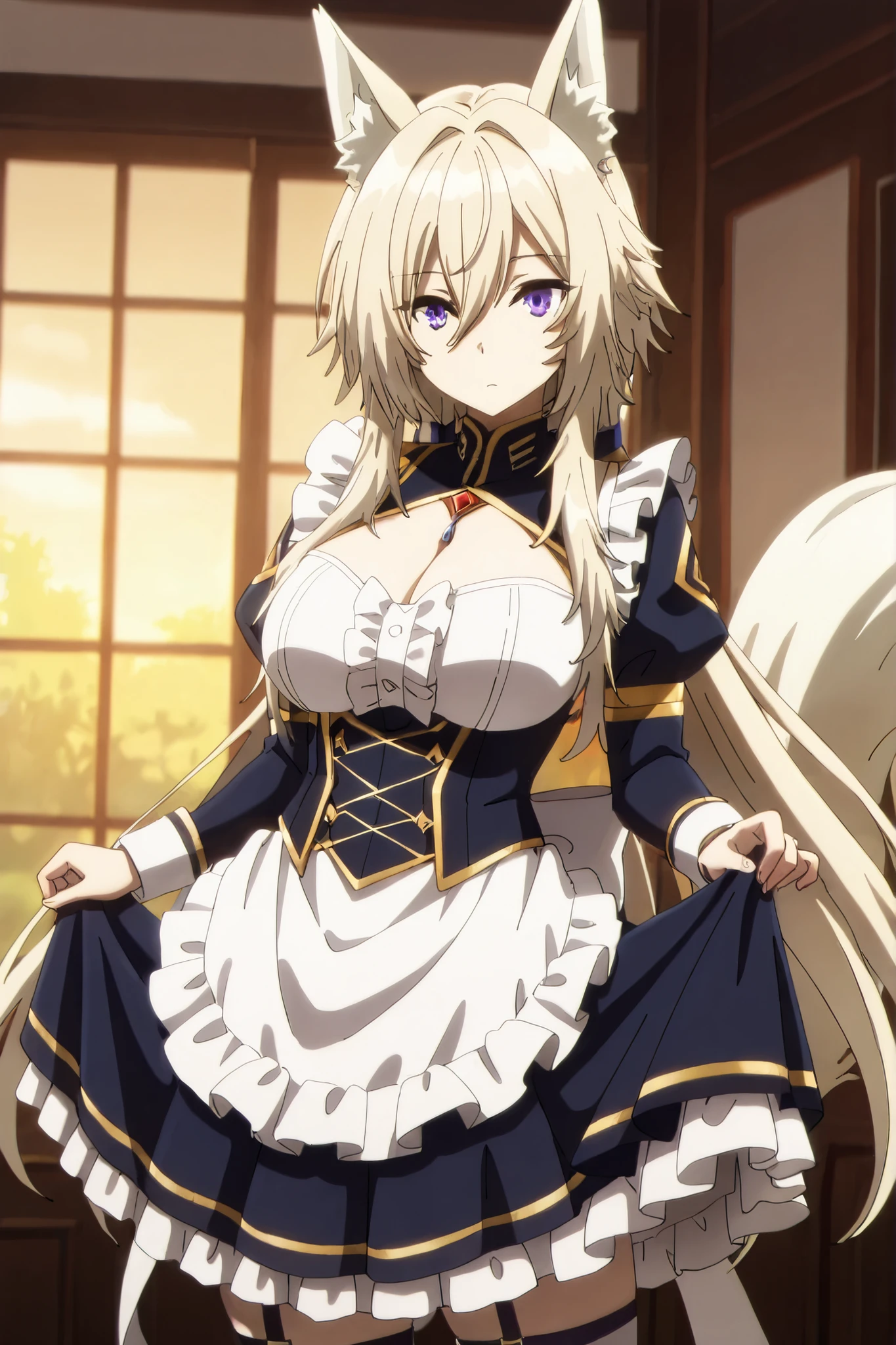 masterpiece,Highest Quality,high resolution,very detailed,Zeta\(kage no jitsuryokusha ni naritakute!\),animal ear、purple eyes、golden hair,tail,maid clothes