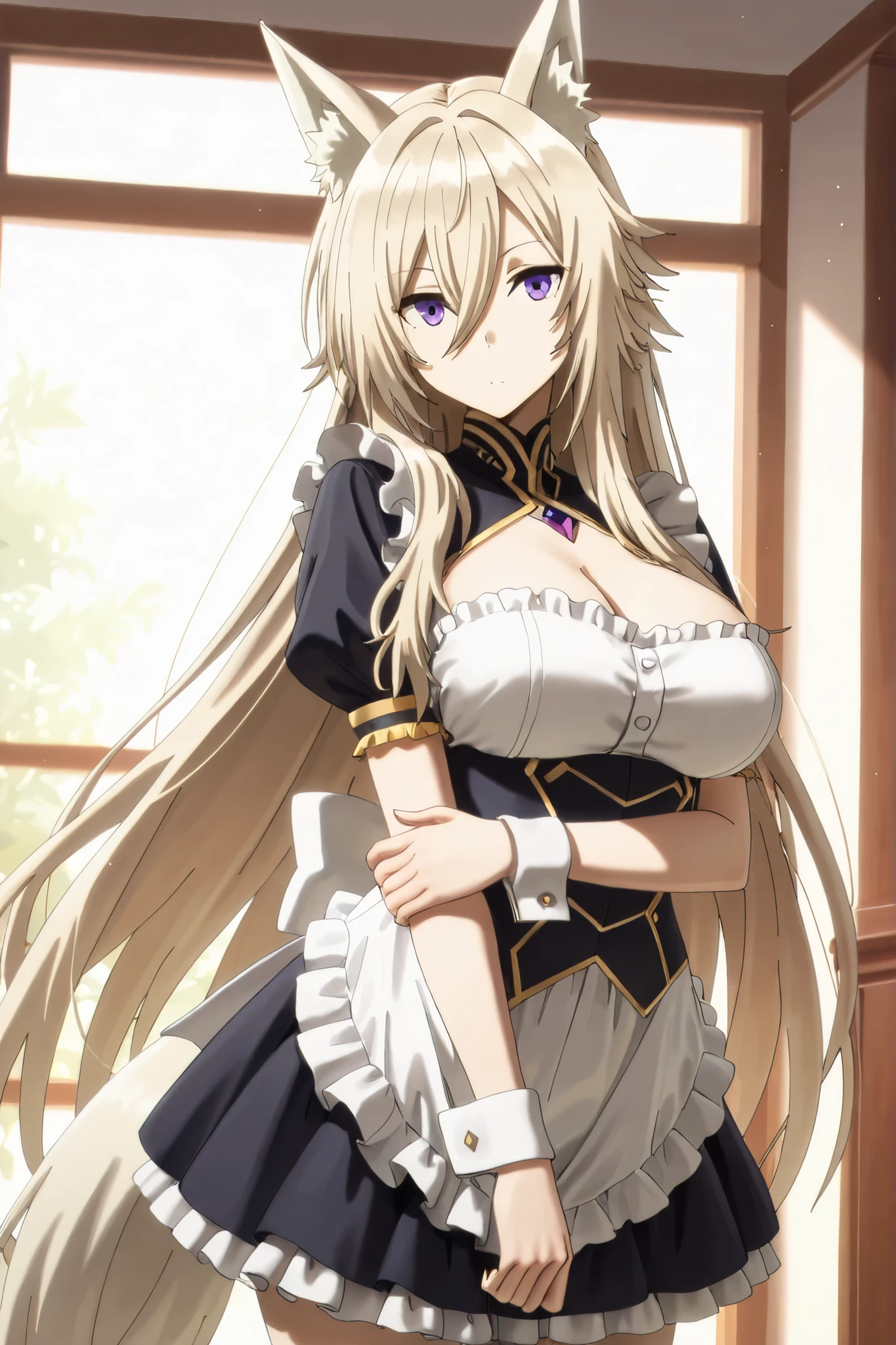 masterpiece,Highest Quality,high resolution,very detailed,Zeta\(kage no jitsuryokusha ni naritakute!\),animal ear、purple eyes、golden hair,tail,maid clothes