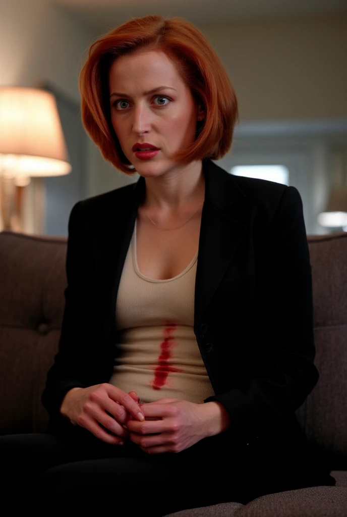 Gillian Anderson as Dana Scully, long hair, vistiendo camisa abierta con credencial del FBI, fucking hard, squirting hard, vaginal fuck with a orc, orgasm face, angry fuck, in a bedroom of castle, at night