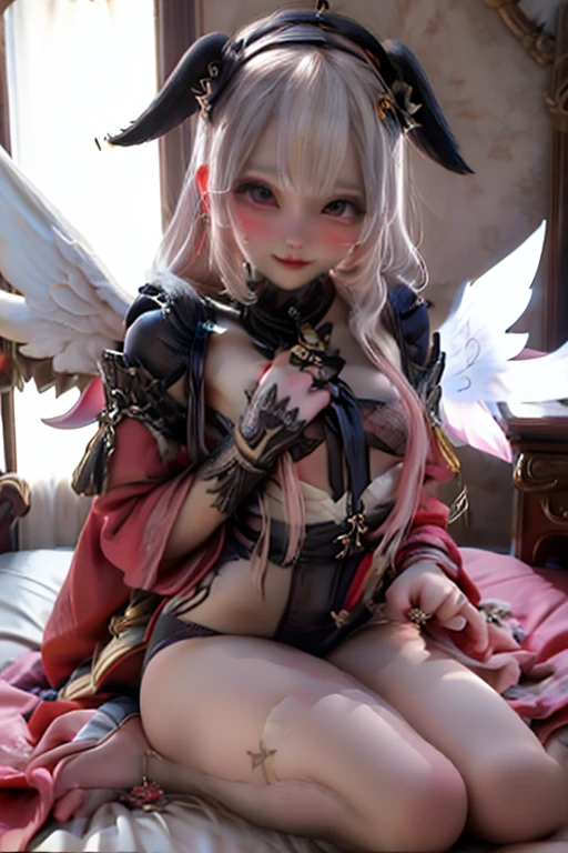 (msterpiece:1.3), (8k, RAW photo, best quality: 1.4), beautiful face, beautiful hairstyle, beautiful detailed eyes, beautiful skin, absurdres, attractive, ultra high res, highly detailed,NSFW, 1 girl in abandoned underground basement,vagina close up,necklace,arms behind back,evil smile,light long hair, ultra detailed skin,Heavy makeup, flower hairpin,colorful patterned lace dress, dirty ground,sitting on bed,bondage, exposed pussy,long straight hair,blood, vagina spurting blood,slim legs,spread vagina lips, spread legs,stockings,high heel,