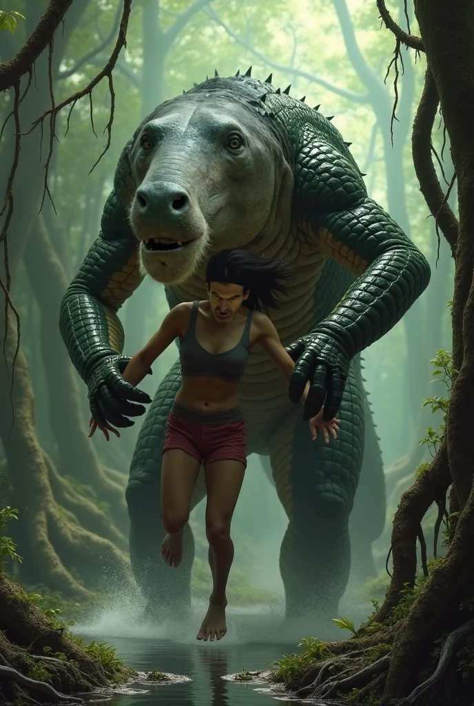 "Eclipse, the time-traveling phantom, has just emerged from a swirling black hole into the prehistoric age of dinosaurs. In the foreground, a massive Tyrannosaurus Rex looms threateningly, its enormous jaws open in a roar. Eclipse, with her jet-black hair flying wildly and her light gray leather suit detailed and form-fitting, stands frozen in a moment of intense decision. Her eyes, deep blue with a mix of fear and determination, dart between the intimidating dinosaur and the swirling black hole behind her. The black hole, subtly glowing and distorting the space around it, serves as a stark contrast to the ancient, rugged landscape of the dinosaur era. The vast prehistoric jungle stretches out behind her, with dense foliage and towering ferns adding to the scene's primal atmosphere. The overall mood captures a thrilling blend of danger and wonder, as Eclipse faces the choice of fleeing from the enormous predator or diving back into the chaotic vortex of time."