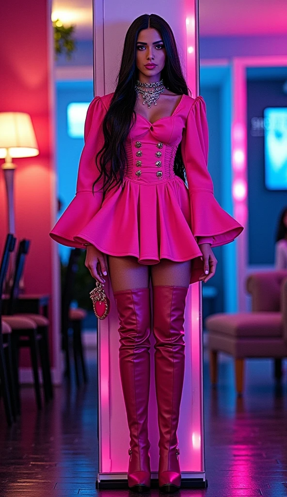 (CherokeeDass × Vixen × Selenis Leyva × Blac Chyna × Megan thee Stallion), Vue arrière d'une femme adulte , La coiffure est une queue de cheval jumelle, une mini-jupe, une mélanine foncée, des tons principalement lilas et jaune doré, une taille de guêpe incroyablement , avec beaucoup de pièces gonflables transparentes et des manches bouffantes, physique : (butin : hanches : taille : fesses : ), (focus : 2), tendance sur DynastySeries, couture cellophane, la circonférence des membres inférieurs dépasse de loin les 200 pouces de hanches et des jambes épaisses, elle a des mesures de hanches massivement immenses et réalistes