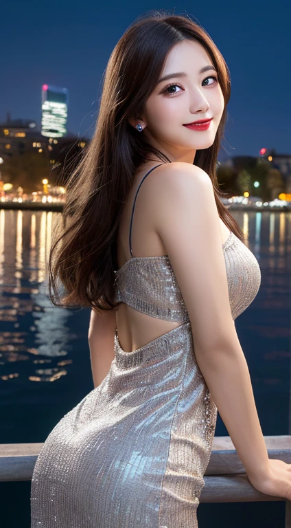 realistic, photorealistic, masterpiece, best quality, dark shot, 1girl, solo, smile, looking at viewer, long black hair, ([:see-through:4]:1.2) cns_dress, standing by a river, dynamic pose, (china jiangnan water town style:1.1), water, colorful, incredible beautiful sky, netural lighting, dynamic Angle, vivid colors, neon, moon
