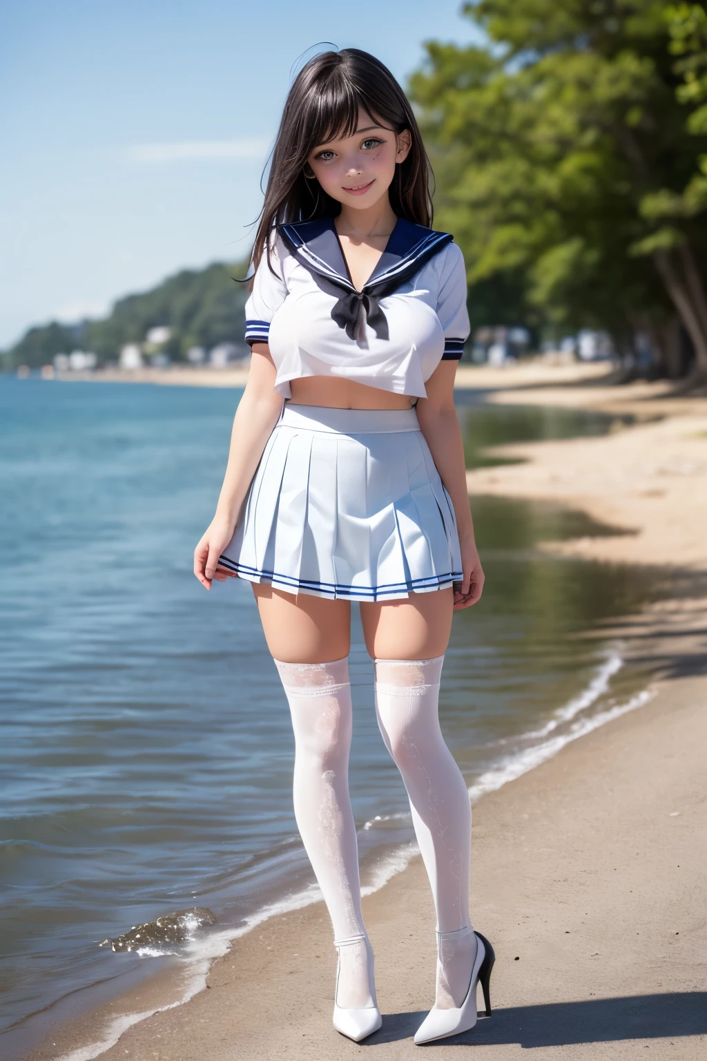 Alice&#39;s story in Wonderland。One Alice is wearing a blue miniskirt, high socks, white shorts, and thighs.。sandy beach。Alice enters the cave with her butt sticking out.。shorts are down to the knees