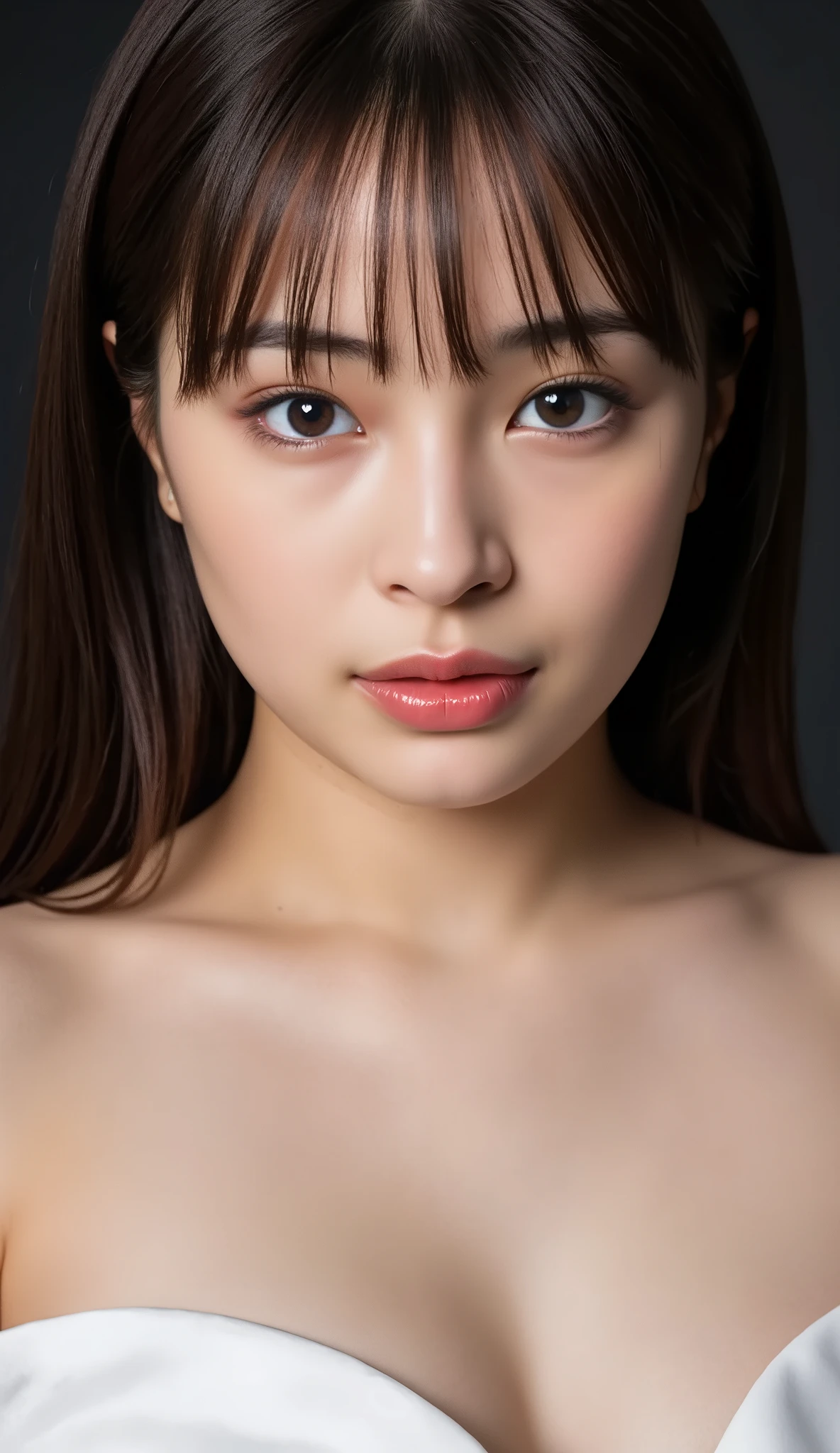 one beautiful woman、 masterpiece, accurate, nsfw, Super Detail, advanced details, high quality, Award-winning, best quality, 16k, perfect anatomy, (( front view, upper body)), Ultra High Resolution Hair , brown hair, long hair, realistic textured skin, slim face, flabby lips, , ( nudes:1.3), black background,(((A seductive look、A seductive look、A seductive look、 the climax of ecstasy 、 the climax of ecstasy 、 the climax of ecstasy ))), full body, (full Nude), (Real Nipples), (Real pussy:1.3)