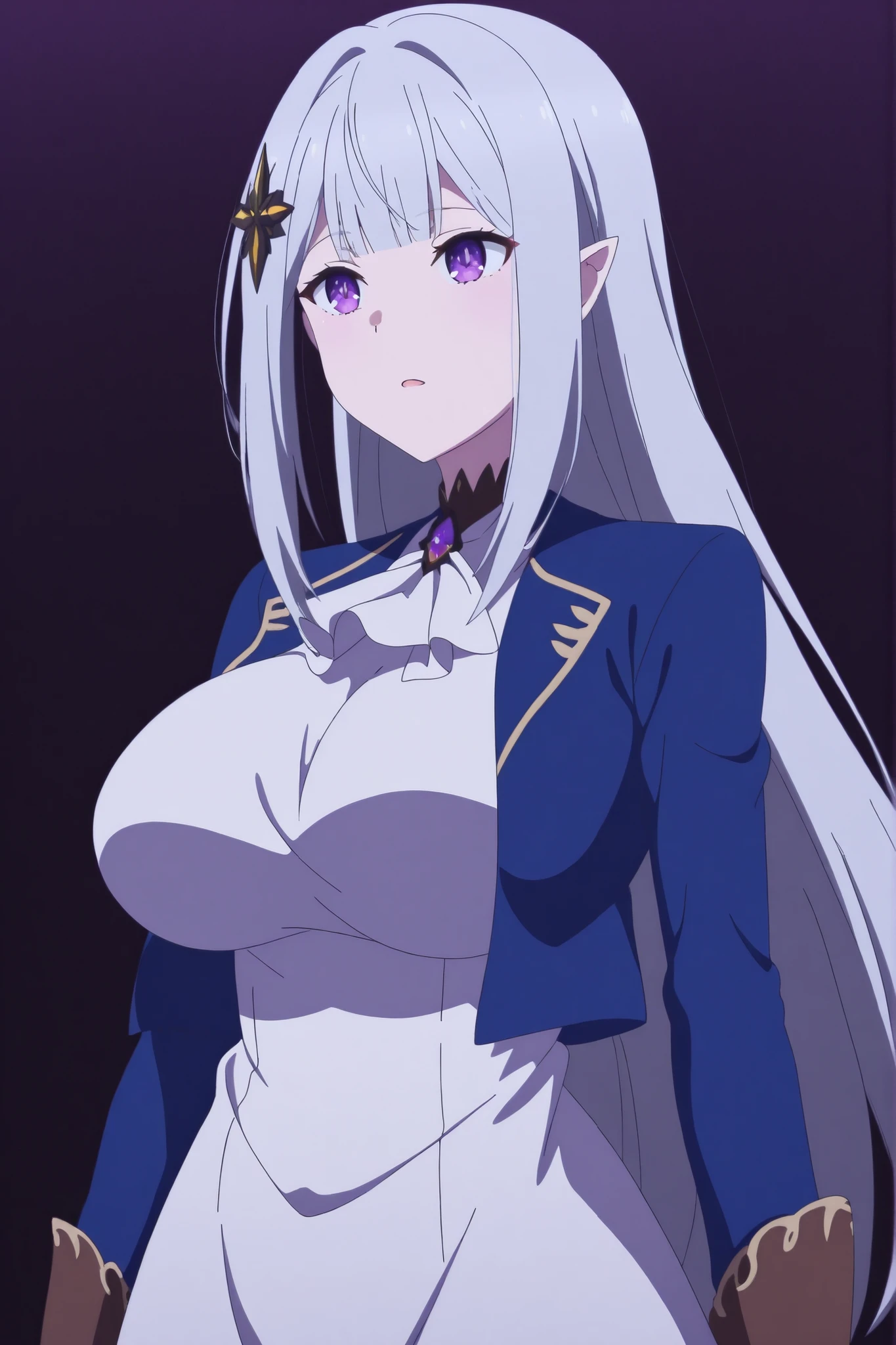 score_7_up, anime screencap, Satella, 1girl, Anime, 1girl, pointy ears, hair ornament, silver hair, purple eyes, Big breasts, red ribbon, jewelry, white ascot, brooch, blue jacket, long sleeves, brown gloves, white dress, long dress,