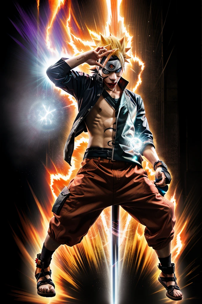 Male demon age 20, greman, yellow eyes, orange yellow hair visual kei, evil eyes, long crazy smile, royal blue and black leather matrix long gabardine open, red orange skin, red horns, black cargo pants, only right arm on blue flames, cyberpunk japanese style, belt with a blue ying yang, chains around the belt, athletic, magic powers, action, cunning look, demon alligator legs, black cat nails, hit pose, black night background, uncovered head