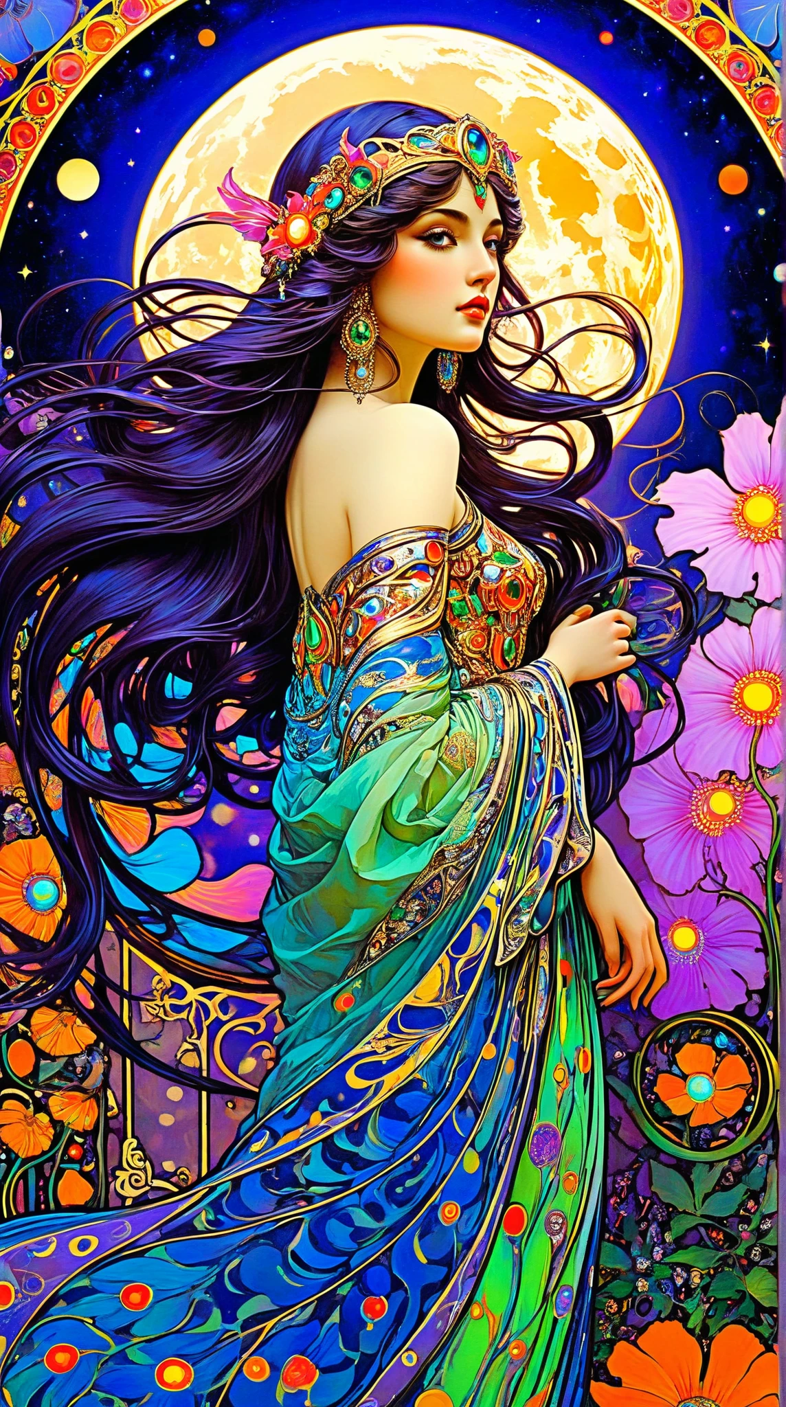Mucha: A woman with flowing hair and flowing floral drapery, her body adorned with intricate Art Nouveau patterns, illuminated by moonlight. oil painting, <lora:rough-oil-sat-mega-adam-e:1.25>