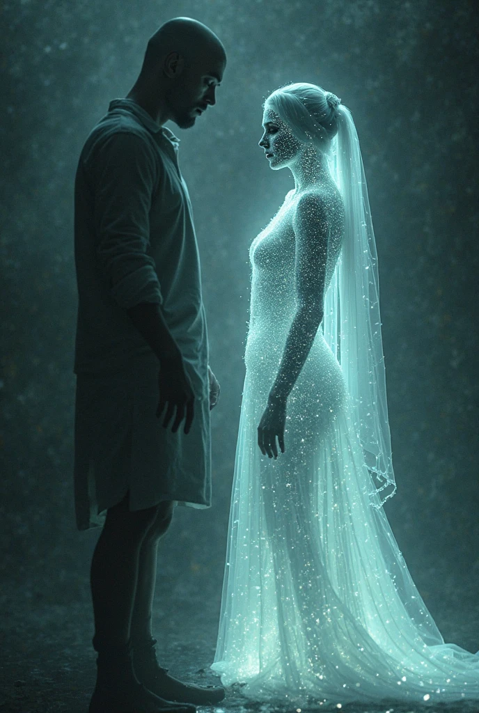 photoillustration of double exposure of merged, a lady, a man, (transparency effect of a ghost-spirit images facing on her), seamless mix, texture and pattern, solid effect, iconic stance, dramatic shadows, dramatic lights, interlacing elements, fit-image facing on her, breast, side view, fantasy art, two tones, opposite-opponent digital manipulated photo art, hyper-realistic, ultra-detailed, crisp clarity, high-contrast, luminous ambiance, rich textures, intricate patterns, vivid colors, cinematic lighting, photorealistic, accurate anatomical proportions.