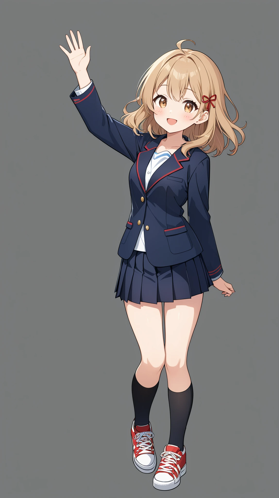 Full-body anime-style illustration of a cheerful age girl. Light brown, slightly wavy hair to the shoulders, a small beauty mark under the right eye. Modern Japanese high school uniform: navy blazer, red ribbon, white shirt, short pleated skirt, black knee-high socks, casual sneakers. Lively and friendly expression, standing casually with a hand wave. Clean lineart, soft shading, vibrant colors, masterpiece, ultra detailed, transparent background. best quality