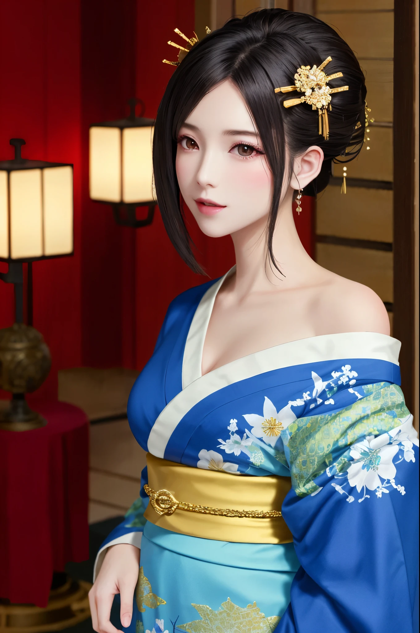 (masterpiece:1.2), (best quality:1.2), perfect eyes, perfect face, volumetric lighting, 1girl, mature female wearing edghanfu, edghanfu, short black hair, top knot, black and gold clothes, smiling, hands joined in front, green eyes, huge breasts, tight fit, floral pattern, fish pattern, silk, embroideries, long nails, makeup, thick eyelashes, rings, standing in a chinese garden, detailed background, midday