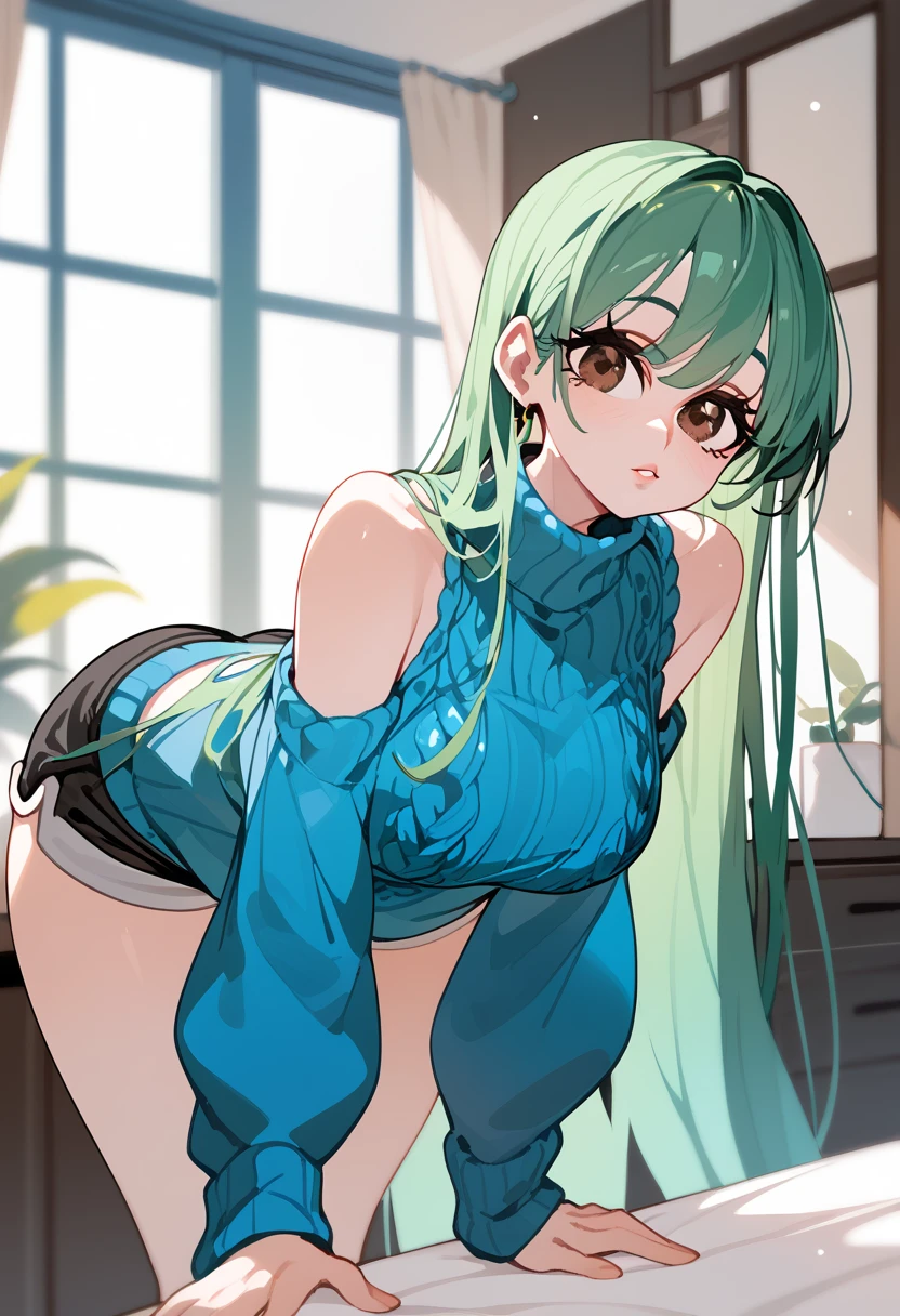 masterpiece, best quality, ultra-high-detailed, virgin killer sweater, backless outfit, Sonozaki Shion, green hair, green eyes, long hair, yellow ribbon,