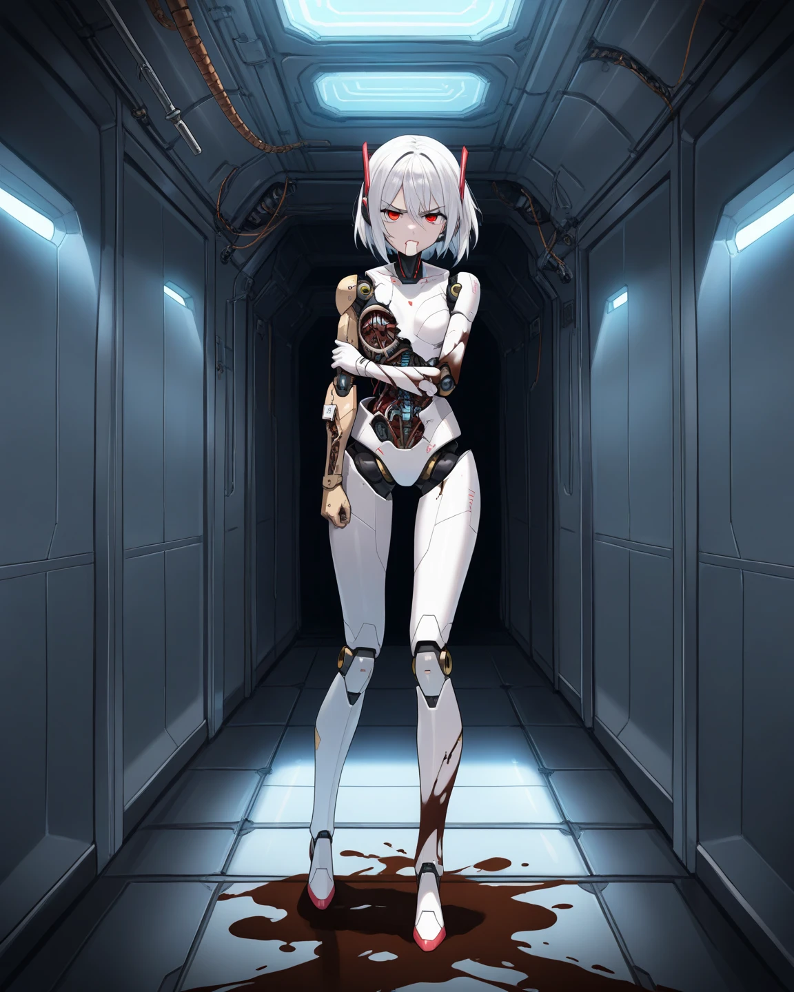 (Masterpiece, Top quality, Best quality, offcial art, Beautiful and aesthetic:1.2), (1girll:1.3), extreme detailed details,Colorful,highest details ((Ultra-detailed)), (Highly detailed CG illustration), ((An extremely delicate and beautiful)),Cinematic light,(((1mechanical girl in container))),White hair,Red eyes,ayanami rei,Solo,full bodyesbian,(blood from mouth:1.4),(machine made joints:1.2),((Mechanical limb)),(blood vessels attached to the tube),(Mechanical vertebrae attached to the back),((mechanical cervial attaching to neck)),Expressionless,view the viewer,(wires and cables attaching to neck:1.2),(wires and cables on head:1.2)(Character focus),Science fiction,(Blood:1.5),(stasis pod:1.5),(in container:0.6),