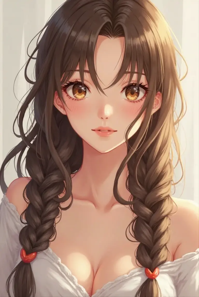 brunette with brown curly hair and eyeliner