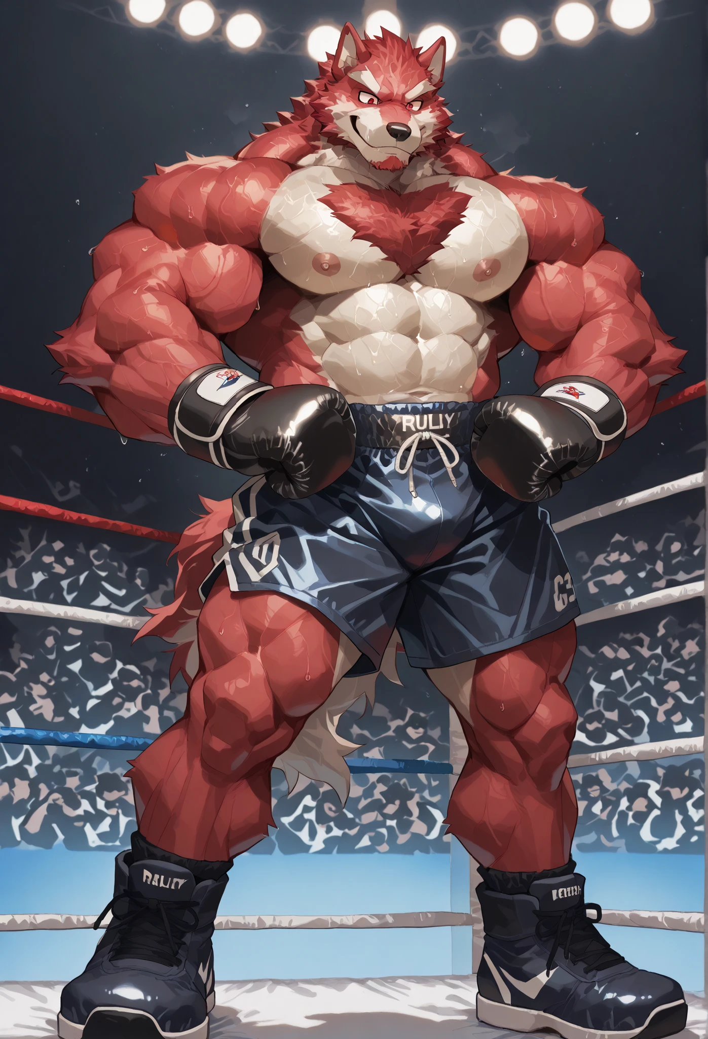 Super muscular adult boar beastman,(wear a sports uniform:1.8),Blindfold,Open your mouth and stick out your tongue,Some guys cum in my face,(Surrounded by red and black erect penises),(a large amount of semen on the face and body,:1.5),night,Outdoor,(Nipple ring piercing:1.5),Brown fur,Black hair and beard,(Deep Throat),(Pulling on nipple piercings),Hands behind back