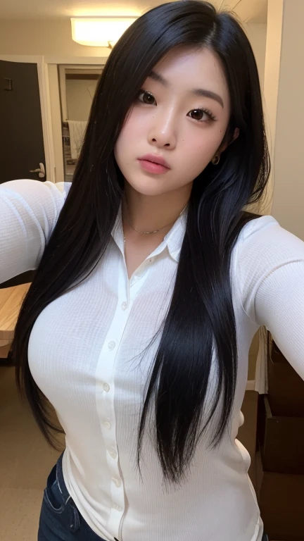 ((top-quality、8K、tmasterpiece:1.3))、1girl in、Slightly chubby beauty:1.3、(Hairstyle Casual、 out:1.2)、18yr old、(huge pregnant)、pupils、White shirt、no-bra、Exposed chest、The resulting posture、Lower breast、Chubby face、Elaborate Eyes、double eyelid、A smile、on top of the bed、seductiv