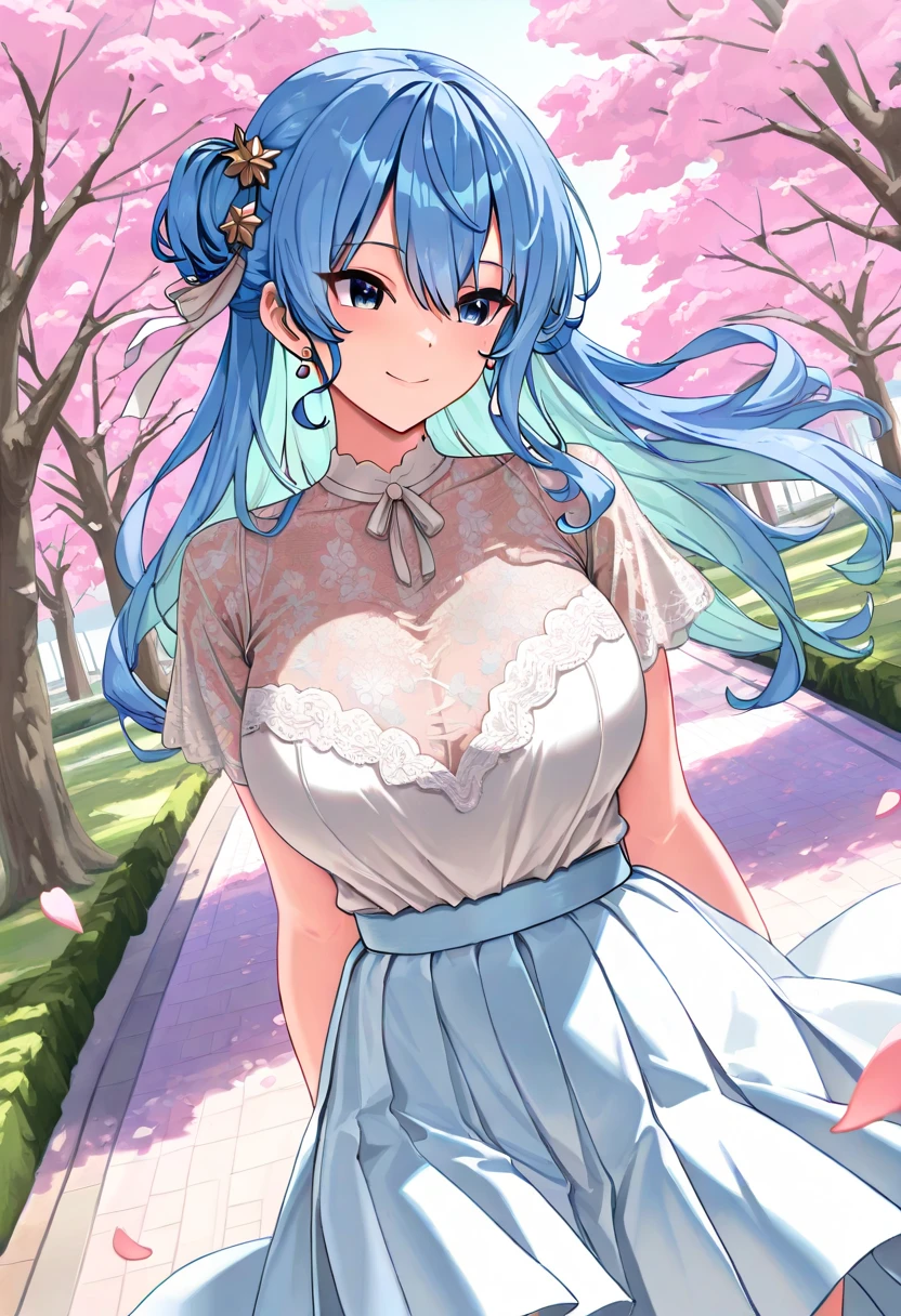 masterpiece, ((ultra detailed background, delicate pattern, intricate detail)), (highly detailed, fine details), best quality,beautiful lighting, (((medium breasts, slim girl, very slim girl))), (close-up, portrait), ulti, long hair, 1girl, horns, blue hair, solo, oni, white horns, curled horns, hair ornament, (multicolored horns), jewelry, earrings,white shirt, blue skirt, pink mask , hair stick, sleeveless, bare shoulders, aqua hair, sidelocks, hoop earrings, hakama, smile, wide smile, (( eyes)), complex detailed background, outside, nature environment, rocks, sunny, blue sky, sky,