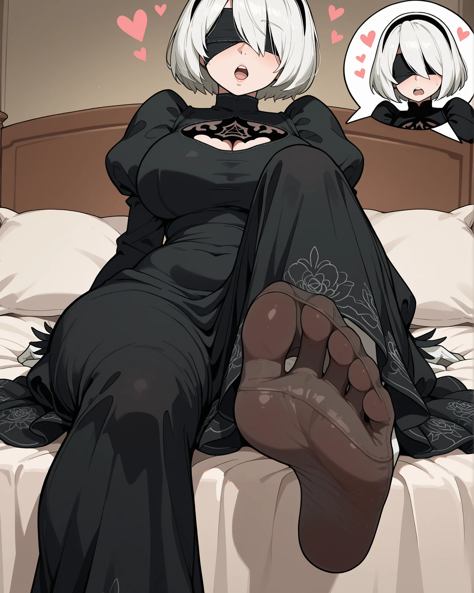 Sketch , Vintage , Old style, 2B, black blindfold, open mouth , black long dress, big huge bobbies, sole of the foot, foot picture, bed , hearts around, close up, sitting