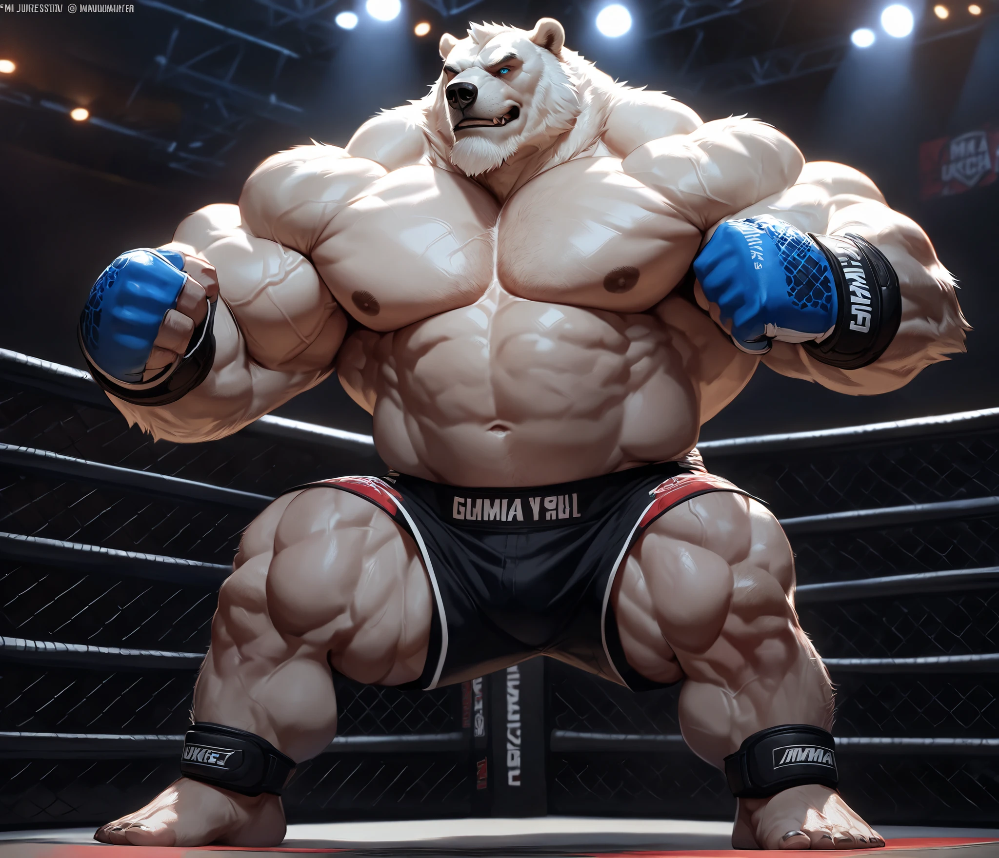 huge muscular polar bear in MMA UFC Tournament, big hulking brute, grunting smirk, polar bear, huge white fur, thick arm, huge arm, added thick colored gray mustache and beard, short white hair, (veiny muscular, broad pectoral, wide pectoral, thick arms thick neck), caged ring, lights, realistic, 8k, masterpiece, gray eyebrows added, deatiled eyes with blue pupils, (wearing black MMA with blue striped slits, MMA gloves with blue knuckle pads, shirtless, topless, half naked and ankle support braces), standing, dukes up