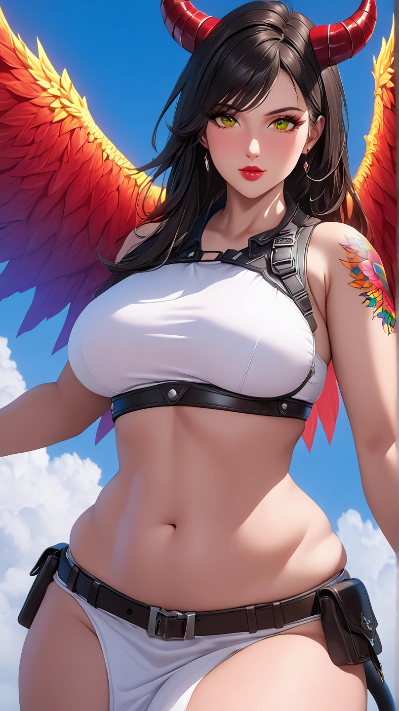 Wearing a colorful phoenix,The saint in the clouds is at the top of the Himalayas,Look down,huge tit,S-shaped body,photorealestic,Bold tattoo coverage