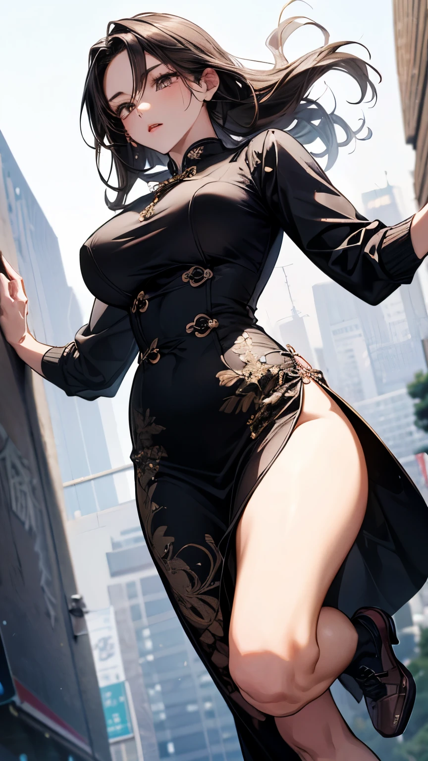 Beauty，whole body，Black cheongsam，black stockings，masterpiece，long hair，red high heels，eight-headed body，Height 170 cm，Weight 52kg，Chest E cup，4K