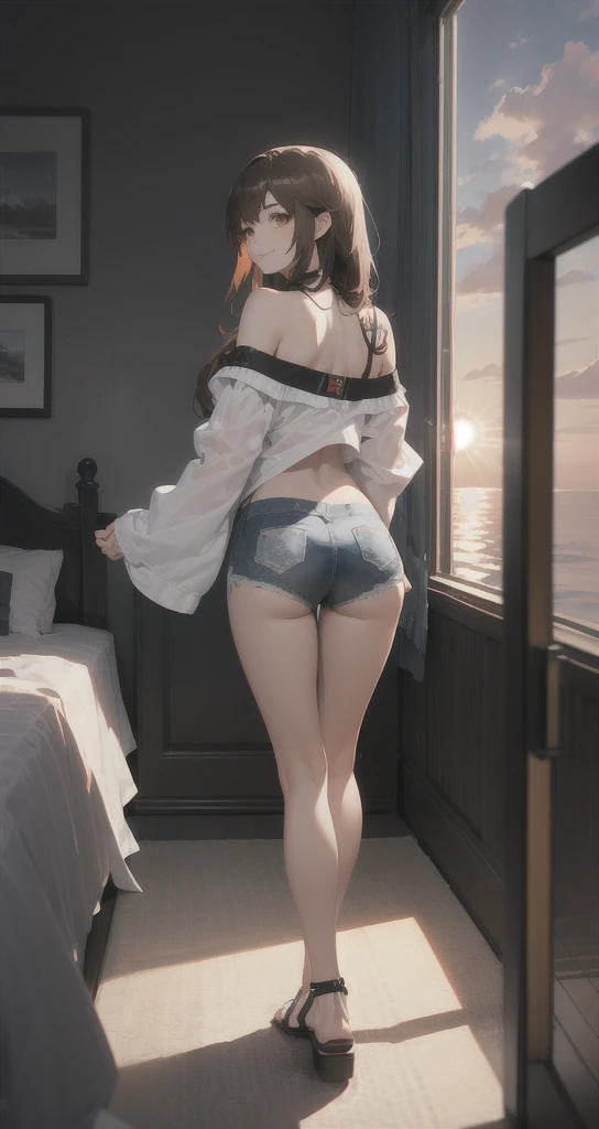 standing woman, pin-up, Ochako Uraraka, , white lace strapless bra textura floreada, White lace garter belt, white lace boyshorts textura floreada, medium breasts, perfect legs, perfect feet, lace stockings, red high heels, bedroom, sunrise, Back, face looking at viewer. Masterpiece, Super High Resolution, perfect body, full body