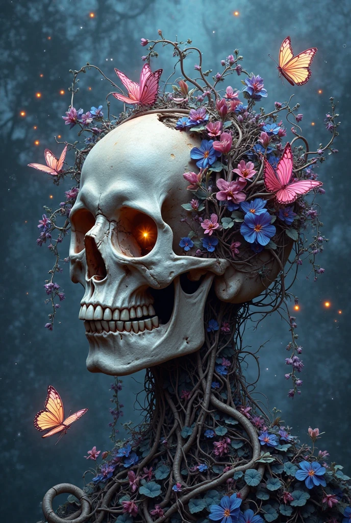 skull, zombie, lilac flowers background, crazy, bokeh, Giorgio de Chirico, coastal broadleaf forest,
