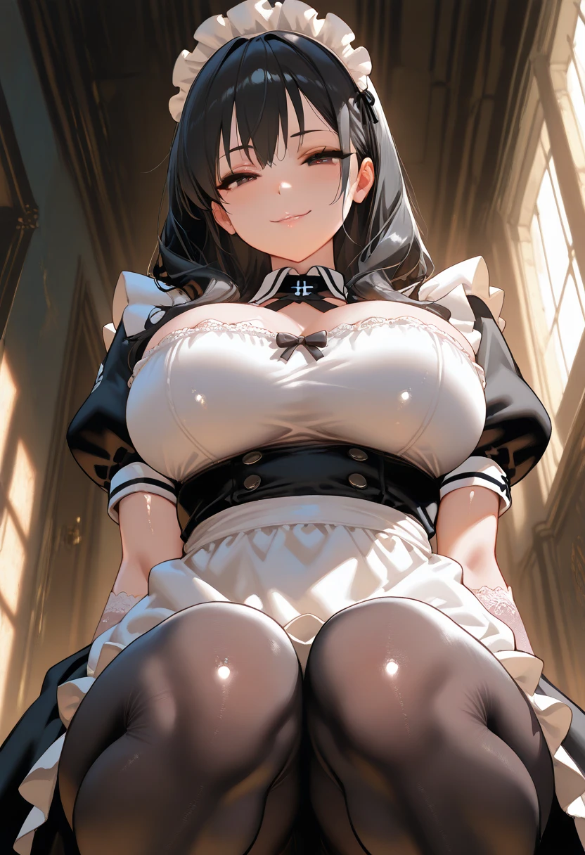 masterpiece, highest quality, realistic anime style, ultra high resolution, Super detailed,realistic, 1 female, beauty, huge breasts,wide hips,((26 years old))),Atmosphere of a married woman, black hair, glowing skin, asymmetrical bangs,squat,put your hands on your feet,cowboy shot,spread your legs, long eyelashes, Solid Circle Eye, light erotic smile, ear blush, sweaty body, maid,knee socks