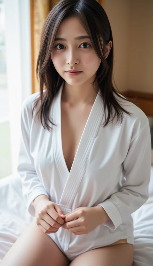 Inside a tower apartment,Japanese Beauty,The face is well-proportioned,D Cup,Wearing underwear and a bra,Image quality that even shows pores,Highest quality,Bathrobes,8K,Tokyo,