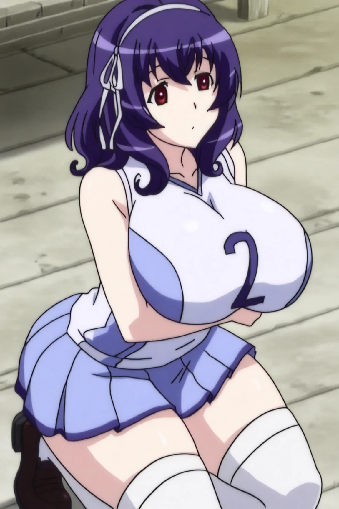 Highschool dxd, Akeno Himejima, 1girl, ((bimbo))), long purple hair, puffy lips, painted lips, thick lips, thick, wide hips, thick thighs, , huge ass, bubble butt, erotic smile face, shiny skin, white bikini, hot spring, enormous fake Amy Anderssen breasts, tennis outfit, skirt, white top, sitting on car hood, posing, spreading legs