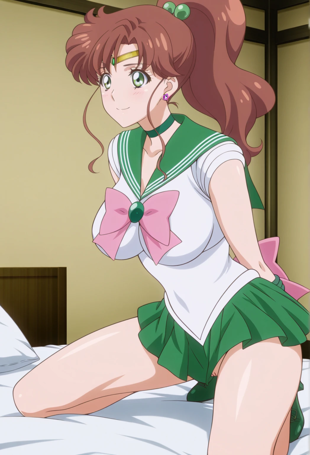 nsfw, best quality, high resolution, 1990s \(style\), retro artstyle, 1990s anime cels style, (lying, on back), from front, 1girl, sailor jupiter, perspective, pussy, ass, pussy focus, stomach, navel, legs up, spread legs, kneepits, nipples, looking at viewer, looking down, folded, ((no pants)), pussy juice, sweat, blush, embarrassed, sailor senshi uniform, large breasts, green sailor color, elbow gloves, white gloves, green pleated skirt, pink ribbon, ponytail, (clothed:1.3), jewelry, earring