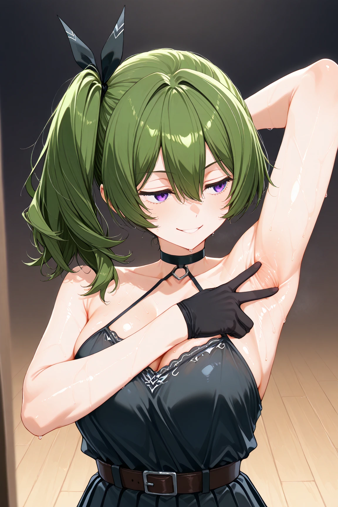 highest quality, masterpiece, (lean forward:1.4), 1 girl, armpit, cleavage, expand your chest, enchanting smile, (blush:1.1)
