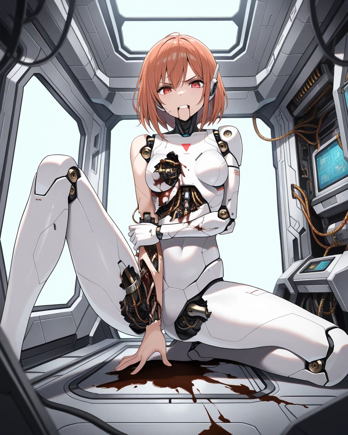 UHD, retina, ccurate, anatomically correct, super detail, high details, high quality, best quality, HD, 4K,{{{mkm1, short hair}}},2d cel anime, {{{katou megumi}}}, {{saenai heroine no sodatekata , brown eyes}}, science fiction, girl into machine box, {{{machine wall on both sides of the girl}}}, machine box, cables, wire, {{{mechanical restraints}}}, {{stationary restraints}}, nsfw, 1 girl, completely nude, {{outstretched arms, airplane arms}}, {{{{wide open legs, wide spread legs}}}}, {{{suspension girl}}}, {{machine restrains the limbs}}, {{limbs connecting to machine box, limbs inside machine box}}, {{girl stuck in the machine box}}, {nipples}, navel, pussy, open mouth, raised eyebrows, {{sad}}, {{tearful}}, sweat, love juice, adult, black shiny hair, medium hair, yellow eyes, medium breast, indoor, {inside machine box}, {cowboy shot}, facing viewer, from outside, perfect face, perfect anatomy, intricate, (highly detailed),mechanical_restraints,helmet,brainwashnaked ,topless ,pussy ,detailed pussy ,nipple ,go commando, braless ,{Milking Machine, The mother's milk is flowing}transformation,(amputee, quad amputee:1.4)