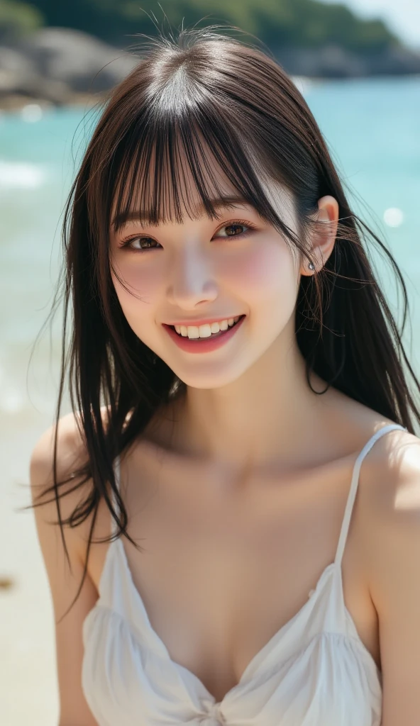 (RAW Photos, Highest quality), (Realistic, Photorealistic:1.3), masterpiece, Very delicate and beautiful, Soft Light, Beautiful detailed girl, 1 girl, Japanese, Pure beauty, cute, young, smile, Beach,sexy