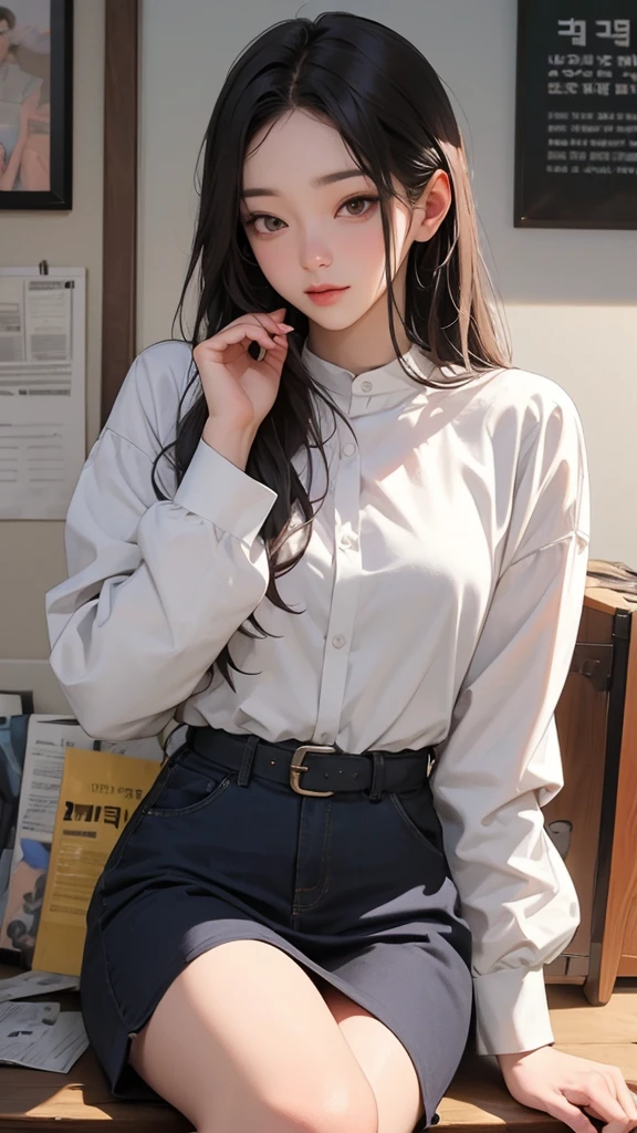 ((standing)) , (both hands on knee) , leaning forward , master piece , best quality , highly detailed , (matured female) , blouse , japanese