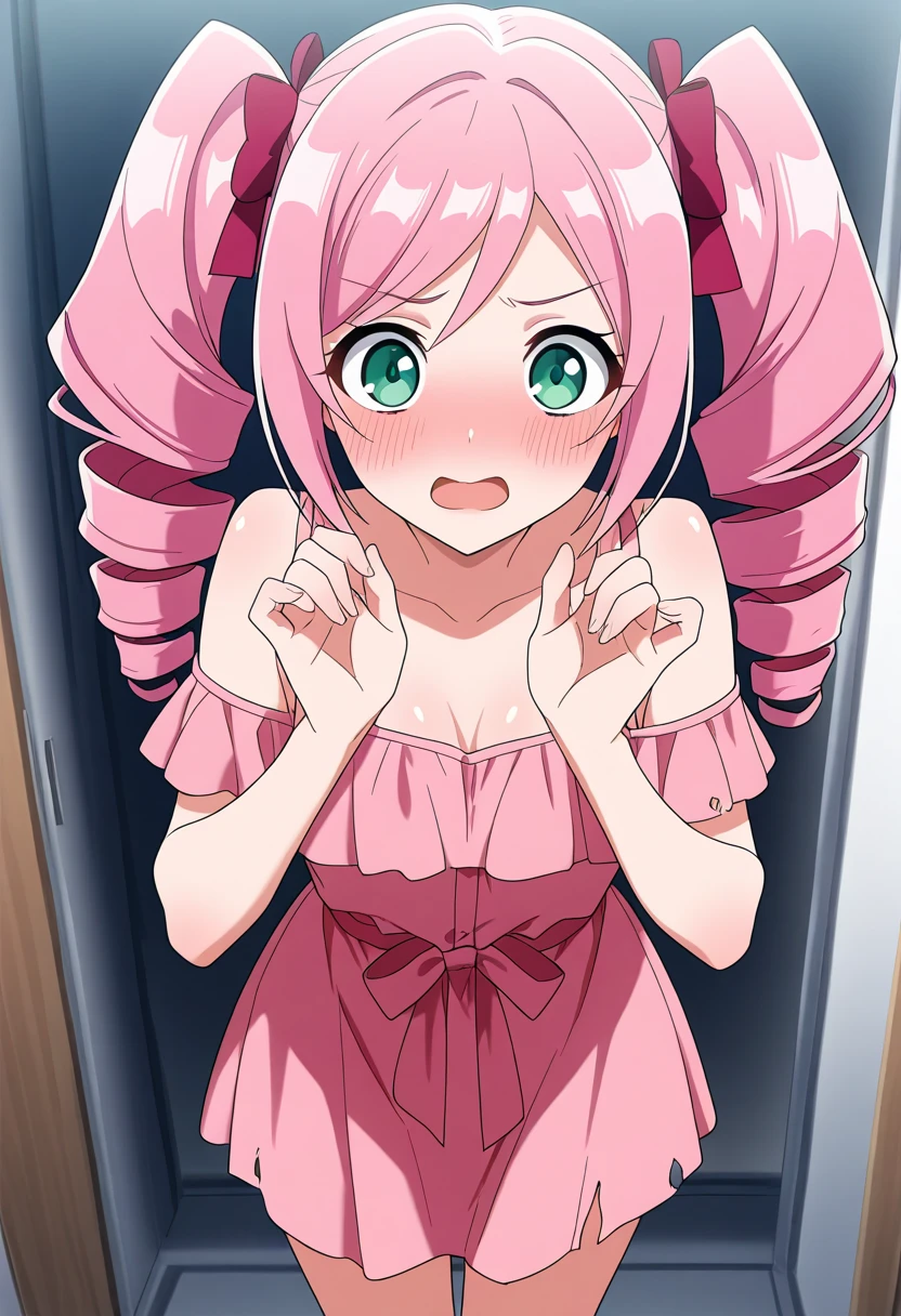 top-quality、​masterpiece、1girl in、looking at the viewers、A pink-haired、shorth hair、城市、Random Hair Styles, cowboy  shot、(((skirt flip)))、 Looking Up, View from below, (((Panties))), (((blush and surprised face,))), (((Open your eyes))), (((scream))),