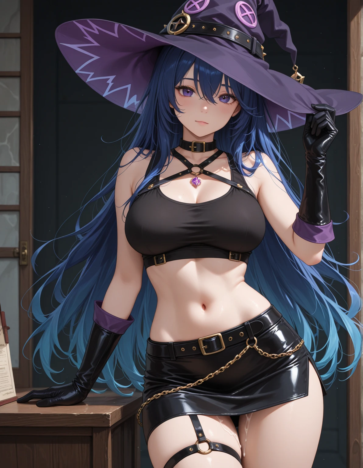 (Blind Box toy style), Halloween Hat、full body shot、PVC figure style、Dark Blue long hair goddess, (dark blue hair), Halloween Designer、Halloween Supermodel、makeup、Glossy lips、Shining blue eyes、(realisitic、hight resolution)、(1 girl in)、Do-Up Eye、Korean Girl、(Best Quality), (mastepiece), (1girl in), Solo, a beauty girl, Perfect face, Highly detailed airbrush art((Surreal))、Volumetric lighting、(top-quality)、The ultra-detailliert、Highly detailed colorful details、(Bright lighting)、dynamic compositions、ultra-detailed、Her eyes are glowing blue、Background Halloween、pumpkins、flowered platform