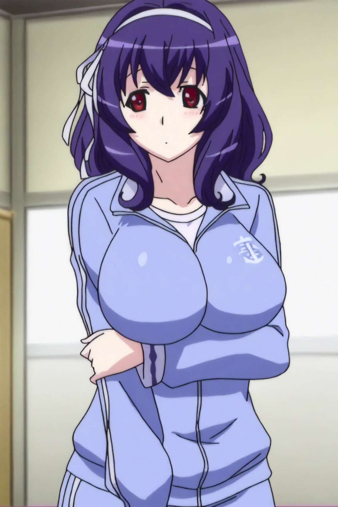 wet outfit, sitting on table, using white nurse outfit, white gloves, (at nurse room), NJAkiV4, takeda hiromitsu style, anime cels style, best quality, high resolution, (gigantic breasts:1.3), cowboy shot, blush, (light smile), (purple eyes), blue hair, long hair, (nijou aki hair), mature women